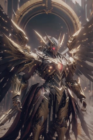solo, red eyes, holding, weapon, wings, holding weapon, gun, no humans, glowing, halo, robot, building, holding gun, mecha, science fiction, mechanical wings, Hyper Detailed, Cinematic Lighting Photography capturing every intricate detail, shot on nvidia rtx for realism, showcasing super-resolution and rendered in Unreal 5. Enhanced with subsurface scattering and PBR texturing for a lifelike appearance, in stunning 32k UHD resolution.  ,wrenchsmechs
