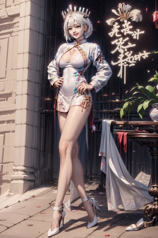 create a full body length of a 1girl, solo, young woman, huge boob, short hair, white hair, blue eyes, smiling, female focus, wearing queen crown, white jacket, white cheongsam, short cheongsam, mecha, wearing high heel, front view, standing confidently with spread leg and hands on hip, perfect hands,