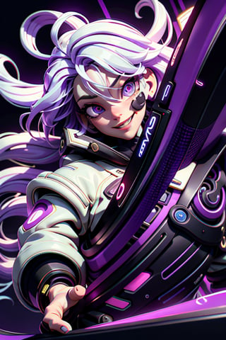 android, mechanical arms, lightning, purple lightning, clouds, (dark theme:1.3), outstretched arms, wide eyed, limited pallete, cinematic lighting, backlight, white hair, absurdly long hair, hair over one eye, purple eyes, seductive smile, evil smile, wide-eyed, head tilt, white jacket, purple, purple theme, open mouth, constricted pupils, ,Futuristic