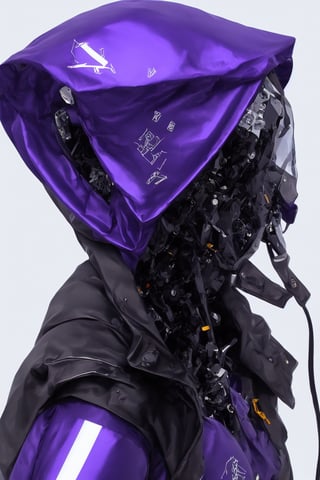 realism precision in detail of an berserker mecha robot techware semi transparent army robot in Ultraviolet (UV) rays color latex hoodie, cyberpunk style, techware design elements on it, in the style of mamoru nagano + noriyoshi ohrai + frank frazetta, studio lighting, chrome and silver plating, with white samoan tattoo  on hoodie bodywork, porcelain effect, minimalism translucent, precision in detail, blank white studio background, hyper realism, depth of field --ar 51:64 --niji 6 --style raw --s 750
