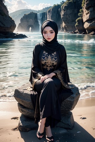 a beautiful Malaysian idol, full hijab, long hijab, sitting at the rock and looking to the front at the beach, wearing short abaya outfit,  hyper detailed perfect face, full body view, long legs, perfect body, high-resolution perfect face, perfect proportions, intricate hyperdetailed hair, highly detailed, intricate hyperdetailed shining eyes, ethereal, graceful, HDR, UHD, high resolution, 64k resolution, cinematic lighting, special effects, stable diffusion,