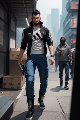 thirty years old, Japanese, black short hair, white long streak, black adidas tracksuit, thin, short beard, cyberpunk style, ninja, wherewolf style, has a smartphone in one hand, dark cargo jeans, black high punk  montain boots
