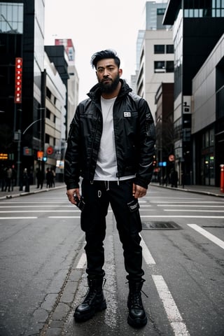 The image is epic, an imposing Japanese man, short and thin, with black hair and a well-kept beard, he has wolfish features, he is wearing an Adidas jacket, tactical cargo pants, high black military boots, he is using a mobile phone. beard, rogue, punk boots, The background represents a cybercity, electrical reflections, mechanical spiders crawl on the floor