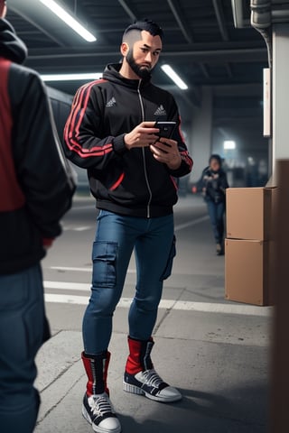 thirty years old, Japanese, black short hair, white long streak, black adidas tracksuit, thin, short beard, cyberpunk style, ninja, wherewolf style, has a smartphone in one hand, dark cargo jeans, montain boots
