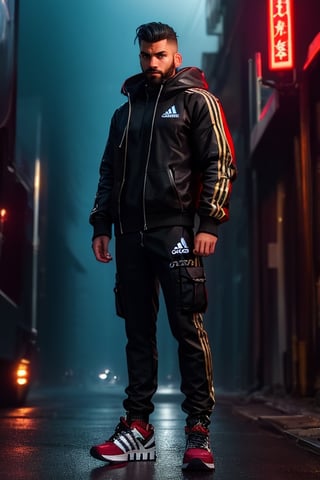 an accurate and detailed full-body shot of a male superhero character, thirty years old, japan male, black short hair, black adidas tracksuit with tactical elements, thin, short beard, cyberpunk style, dark cargo jeans and black combat boots, Air flow, water flow, Scenes illuminated by dramatic lighting. displaying an elegant posture, The entire scene is captured with a wide-angle lens, creating a 12K raw photo sense of epic scale. Exquisitely perfect symmetric very gorgeous face, Exquisite delicate crystal clear skin, perfect slim body, slender and beautiful fingers, nice hands, perfect hands carry a mobile phone, (masterpiece), best quality, extreme detailed, intricate, futuristic, cables, energy ligthing
,r1ge,lighting,raidenmgr,1boy,1guy,LegendDarkFantasy,Beautiful Eyes,xxmixgirl,shodanSS_soul3142,asina man