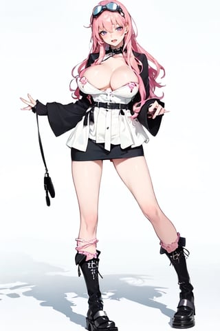 (plays the character Watalidaoli Simca in air gear), 1girl, solo, smile, perfect face, make-up, stick out tongue, excited face, blush, big breasts, no underwear, black panties exposed, long pink hair, perfect ass, sexy suspender black stockings, wearing white Japanese high school uniform, fingerless gloves, wearing boots, hands near waist, goggles on head, sexy pose, (Best quality, masterpiece, realistic, highly detailed ),