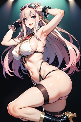 (plays the character Watalidaoli Simca in air gear), 1girl, solo, smile, perfect face, make-up, stick out tongue, excited face, blush, big breasts, no underwear, black panties exposed, long pink hair, perfect ass, sexy suspender black stockings, wearing white Japanese high school uniform, fingerless gloves, wearing boots, hands near waist, goggles on head, sexy pose, (Best quality, masterpiece, realistic, highly detailed ), bikini