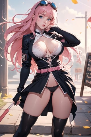 (plays the character Watalidaoli Simca in air gear), 1 girl, solo, smile, perfect face, make-up, stick out tongue, excited face, blush, big breasts, no underwear, black panties exposed, long pink hair, perfect ass, sexy suspender black stockings, wearing white Japanese high school uniform, fingerless gloves, wearing boots, hands near waist, goggles on head, sexy pose, full_body(Best quality, masterpiece, realistic, highly detailed ), 
 ,More Detail