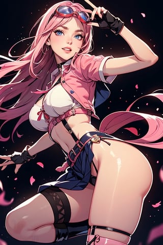 (plays the character Watalidaoli Simca in air gear), 1 girl, solo, smile, perfect face, make-up, stick out tongue, excited face, blush, big breasts, no underwear, black panties exposed, long pink hair, perfect ass, sexy suspender black stockings, wearing white Japanese high school uniform, fingerless gloves, wearing boots, hands near waist, goggles on head, sexy pose, full_body(Best quality, masterpiece, realistic, highly detailed ), 
 ,More Detail