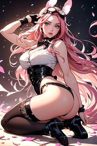 (plays the character Watalidaoli Simca in air gear), 1 girl, solo, smile, perfect face, make-up, stick out tongue, excited face, blush, big breasts, no underwear, black panties exposed, long pink hair, perfect ass, sexy suspender black stockings, wearing white Japanese high school uniform, fingerless gloves, wearing boots, hands near waist, goggles on head, sexy pose, full_body(Best quality, masterpiece, realistic, highly detailed ), 
 ,More Detail