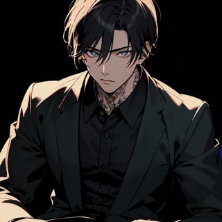 Manhwa, Dark, 4k, best quality,masterpiece, 21yo 1Man,(30's Black Shirt),( Black pant)

Chinese Man 

(Beautiful and detailed eyes),
Detailed face, detailed eyes, muscular body, black background, color splash style photo, Tattoed