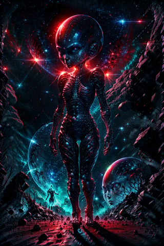 An image of alien that have shape of a woman. The eyes are glowing red, the skin have a pattern of abstrak line. The background is a planet that have a color of red. ,fantasy00d,DonMSp3ctr4l