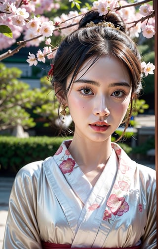 A close-up portrait of an Asian woman wearing a kimono. She has smooth, porcelain-like skin, almond-shaped eyes, and delicate features. Her hair is styled in an intricate updo, adorned with elegant hairpins and kanzashi (hair ornaments). The kimono she wears is elaborately decorated with intricate floral patterns in deep, rich colors like crimson and gold. She has an angry expression, with furrowed brows, narrowed eyes, and a tense jaw. Her lips are slightly pursed, and her expression is intense and fierce. The background is a soft, blurred view of a traditional Japanese garden, with hints of cherry blossoms and greenery, enhancing the focus on the woman and her striking attire.