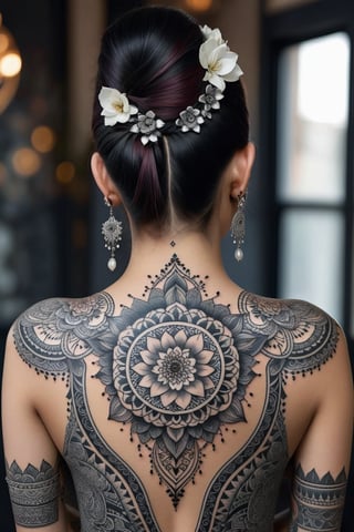 A picture of a woman's back fully adorned with intricate and detailed tattoos. The woman has a graceful back with smooth skin. The aesthetic center of the tattoo is a beautifully detailed mandala surrounded by floral patterns and symmetrical designs that draw the eye. The style combines elements of traditional and modern tattoo art, featuring black and grey shading with delicate linework. The surrounding tattoos include elements like vines, flowers, and geometric patterns that enhance the overall aesthetic