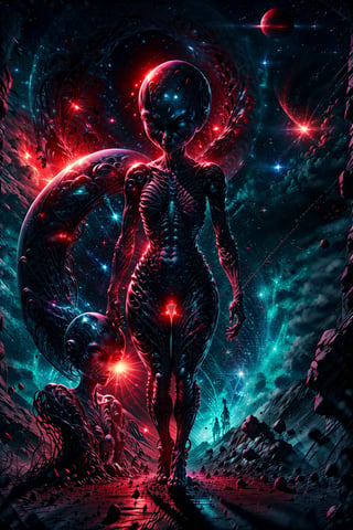 An image of alien that have shape of a woman. The eyes are glowing red, the skin have a pattern of abstrak line. The background is a planet that have a color of red. ,fantasy00d,DonMSp3ctr4l