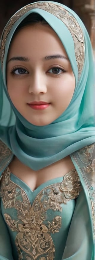 1 girl, pretty, her face like an angel, sweet smile, moslem clothes, hijab, veil, islamic dress, closed clothing, long dress, cloak, (Best Quality:1.4), (Ultra-detailed), (Detailed light), (beautiful face),  various camera angles, various poses, Amazing face and eyes, high heels,  extremely detailed CG unified 8k wallpaper, High-definition raw color photos, professional photograpy, dynamic lighting, depth of fields, full body view, outdoor, mosque, more detail XL, dilraba,Beautiful eyes girl