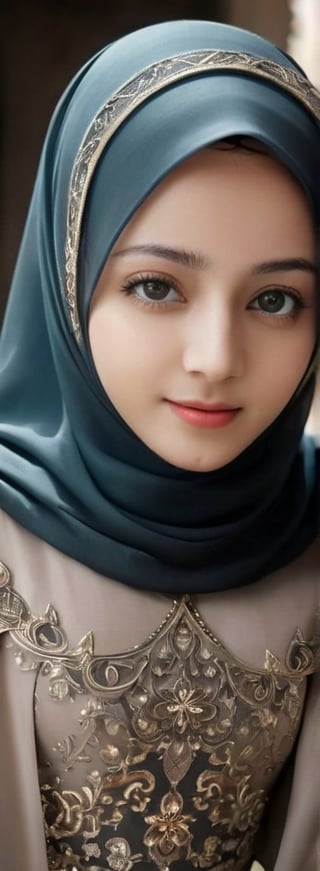 1 girl, pretty, her face like an angel, sweet smile, moslem clothes, hijab, veil, islamic dress, closed clothing, long dress, cloak, (Best Quality:1.4), (Ultra-detailed), (Detailed light), (beautiful face),  various camera angles, various poses, Amazing face and eyes, high heels,  extremely detailed CG unified 8k wallpaper, High-definition raw color photos, professional photograpy, dynamic lighting, depth of fields, full body view, outdoor, mosque, more detail XL, dilraba,Beautiful eyes girl