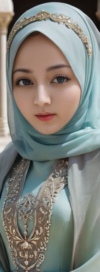 1 girl, pretty, her face like an angel, moslem clothes, hijab, korean, palestinian turban, veil, islamic dress, closed clothing, long dress, cloak, (Best Quality:1.4), (Ultra-detailed), (Detailed light), (beautiful face),  various camera angles, Amazing face and eyes, high heels,  extremely detailed CG unified 8k wallpaper, High-definition raw color photos, professional photograpy, dynamic lighting, depth of fields, full body view, outdoor, mosque, more detail XL, dilraba,Beautiful eyes girl