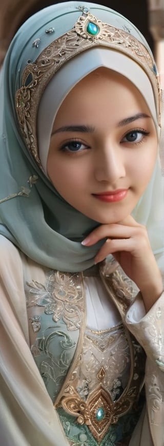 1 girl, pretty, her face like an angel, sweet smile, moslem clothes, hijab, veil, islamic dress, closed clothing, long dress, cloak, (Best Quality:1.4), (Ultra-detailed), (Detailed light), (beautiful face),  various camera angles, various poses, Amazing face and eyes, high heels,  extremely detailed CG unified 8k wallpaper, High-definition raw color photos, professional photograpy, dynamic lighting, depth of fields, full body view, outdoor, mosque, more detail XL, dilraba,Beautiful eyes girl