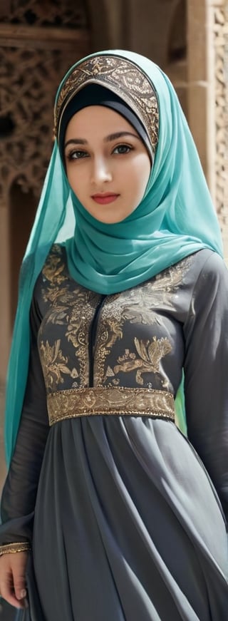 1 girl, pretty, moslem clothes, hijab, palestinian turban, veil, islamic dress, closed clothing, long dress, (Best Quality:1.4), (Ultra-detailed), (Detailed light), (beautiful face),  Amazing face and eyes, high heels,  extremely detailed CG unified 8k wallpaper, High-definition raw color photos, professional photograpy, dynamic lighting, depth of fields, full body view, outdoor, mosque, more detail XL, dilraba,