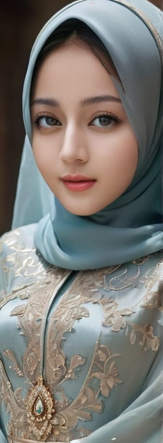 1 girl, pretty, her face like an angel, sweet smile, moslem clothes, hijab, veil, islamic dress, closed clothing, long dress, cloak, (Best Quality:1.4), (Ultra-detailed), (Detailed light), (beautiful face),  various camera angles, various poses, Amazing face and eyes, high heels,  extremely detailed CG unified 8k wallpaper, High-definition raw color photos, professional photograpy, dynamic lighting, depth of fields, full body view, outdoor, mosque, more detail XL, dilraba,Beautiful eyes girl