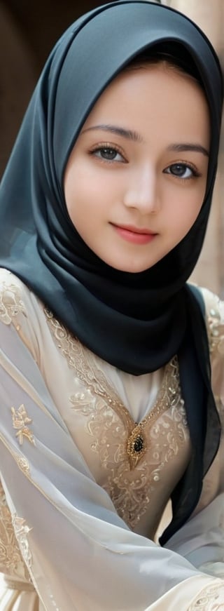 1 girl, pretty, her face like an angel, sweet smile, moslem clothes, hijab, veil, islamic dress, closed clothing, long dress, cloak, (Best Quality:1.4), (Ultra-detailed), (Detailed light), (beautiful face),  various camera angles, various poses, Amazing face and eyes, high heels,  extremely detailed CG unified 8k wallpaper, High-definition raw color photos, professional photograpy, dynamic lighting, depth of fields, full body view, outdoor, mosque, more detail XL, dilraba,Beautiful eyes girl