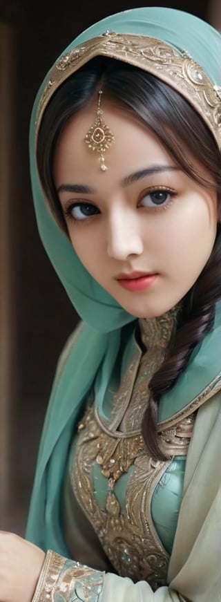 1 girl, pretty, her face like an angel, moslem clothes, hijab, korean, palestinian turban, veil, islamic dress, closed clothing, long dress, cloak, (Best Quality:1.4), (Ultra-detailed), (Detailed light), (beautiful face),  various camera angles, Amazing face and eyes, high heels,  extremely detailed CG unified 8k wallpaper, High-definition raw color photos, professional photograpy, dynamic lighting, depth of fields, full body view, outdoor, mosque, more detail XL, dilraba,Beautiful eyes girl