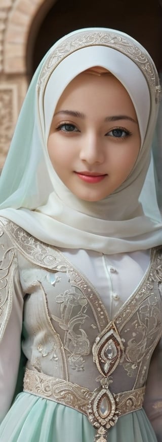 1 girl, pretty, her face like an angel, sweet smile, moslem clothes, hijab, veil, islamic dress, closed clothing, long dress, cloak, (Best Quality:1.4), (Ultra-detailed), (Detailed light), (beautiful face),  various camera angles, various poses, Amazing face and eyes, high heels,  extremely detailed CG unified 8k wallpaper, High-definition raw color photos, professional photograpy, dynamic lighting, depth of fields, full body view, outdoor, mosque, more detail XL, dilraba,Beautiful eyes girl