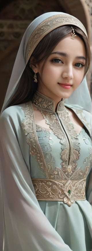 1 girl, pretty, her face like an angel, sweet smile, moslem clothes, hijab, korean, palestinian turban, veil, islamic dress, closed clothing, long dress, cloak, (Best Quality:1.4), (Ultra-detailed), (Detailed light), (beautiful face),  various camera angles, Amazing face and eyes, high heels,  extremely detailed CG unified 8k wallpaper, High-definition raw color photos, professional photograpy, dynamic lighting, depth of fields, full body view, outdoor, mosque, more detail XL, dilraba,Beautiful eyes girl