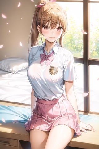 (masterpiece:1.3),best quality, (sharp quality), brown hair, ponytail hairstyle(Light pink hair tie),  brown eyes, solo,big breasts, Beautiful white student uniform ( White top, light blue underwear, light blue bow tie, short skirt, short sleeves), floral design,beautiful day,  Japanese tea,Hair fluttering, sunlight, cherry blossom petals fluttering,chihaya_ayase,legs,shy smile, school classroom