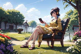 ((masterpiece, Best quality, A high resolution, ultra detailed),(beautiful and aesthetically pleasing:1.2), 1 woman, adult, perfect full body, wavy black hair, ((green eyes)), detailed eyes and face, whole body, flowers, garden, grass, trees, yellow dress with flowers print, sweater, sandals, sitting on relaxing chair, goggles on eyes, studio headphones on ears, headset attached to phone, ultra quality, foggy weather,ayaka_genshin