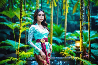 Create a photorealistic masterpiece of a beautiful woman with long hair wearing traditional Indonesian white kebaya attire. Set her against a dark, forest backdrop with a captivating glow in the background and bokeh effect. Ensure the image quality is 8K with ultra-realistic details.,kebaya
