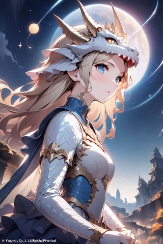 European style, fantasy, solo, cute girl, wearing dragon armor, blond long hair, faithing,, ruins, upper body, masterpiece, best quality, ultra detailed, extremely delicate and beautiful, textile shading, caustics, sharp focus,dragon armor,more detail XL, outdoors, sky, cloud, tree, night, watermark, moon, star \(sky\), night sky, scenery, starry sky, planet, ruins, A lot of depth, Bokeh, A young girl in dragon armor, full_portrait, portrait, 256k, blue eyes, Masterpiece, top quality, best quality, official art, beautiful and aesthetic, highest detailed, fashion girl, top model, beauty face, beauty girl, dragon protector, highest detailed