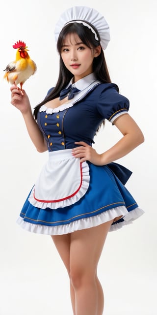 Full body portrait, character design, 1 girl, solo, back to the audience, long black hair, randomly tied hairstyle, big brown eyes, random heart pattern maid uniform, model, random maid headdress, random heart pattern maid uniform short skirt , casual pattern underwear, pure white background, childlike face with big breasts, pert buttocks, holding a chicken feather blanket, pure white skin, round and big ass, wearing random color high-heeled leather shoes, Blu-ray 8K quality.