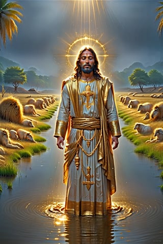 Jesus golden And praying ,river, poor indian family ,BucketGoldUnderTheRainbow,AngelStyle, farm, feild, 