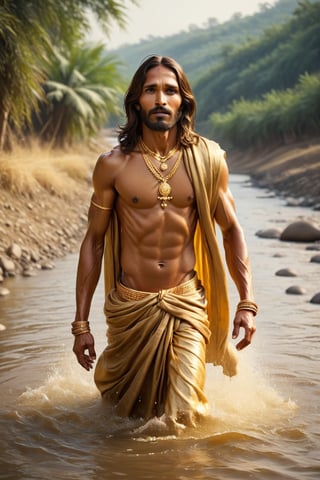 Jesus golden , river, poor indian family ,BucketGoldUnderTheRainbow,golden_jewelry, ,Hot Body, long river