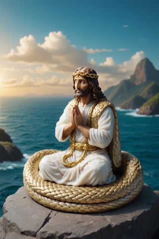 Gold Jesus is praying sit on anaconda snake, indian_style, people are praying, ocean, sky, background,styr