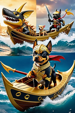  1 Dog warrior, Golden Pirats Dog, shark attack the piratedog ,comic book,BugCraft,moonster,Fairy, golden ships. golden boats, wakanda style, fighting,DonMW15pXL,Disney pixar style,dragon