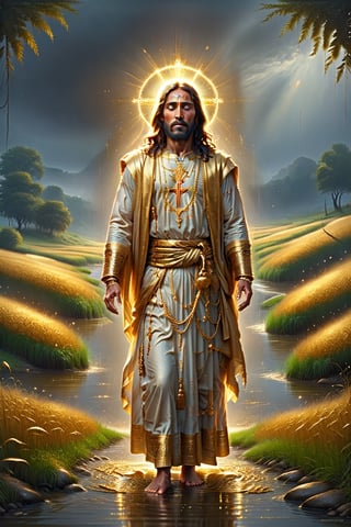 Jesus golden And praying ,river, poor indian family ,BucketGoldUnderTheRainbow,AngelStyle, farm, feild, 