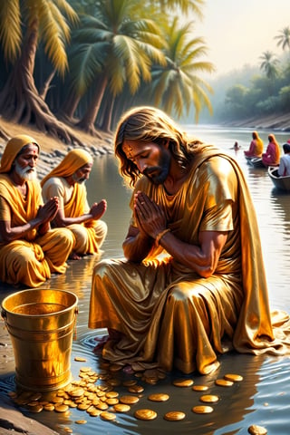 Golden Jesus is praying, poor family in india, people are pray, long river side,BucketGold