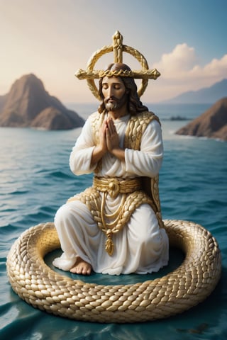 Gold Jesus is praying sit on anaconda snake, indian_style, lot of people are praying, ocean, sky, background,styr