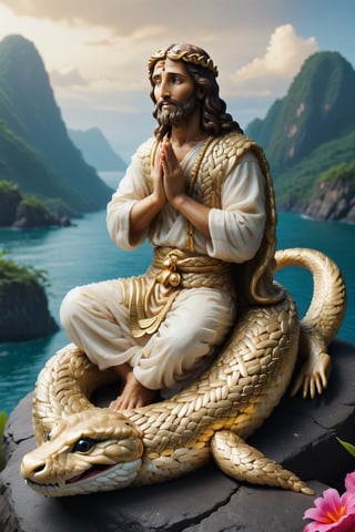 Gold Jesus is praying sit on anaconda snake, indian_style, lot of people are praying, ocean, sky, background,styr, indian poor family, 
