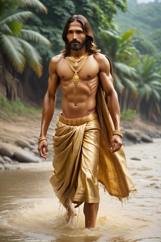 Jesus golden , river, poor indian family ,BucketGoldUnderTheRainbow,golden_jewelry, ,Hot Body