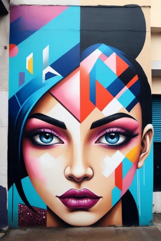 Street art, with its contemporary sensibility and a blend of geometric and surreal forms, conveys beauty,LinkGirl,DonM3l3m3nt4lXL,glitter