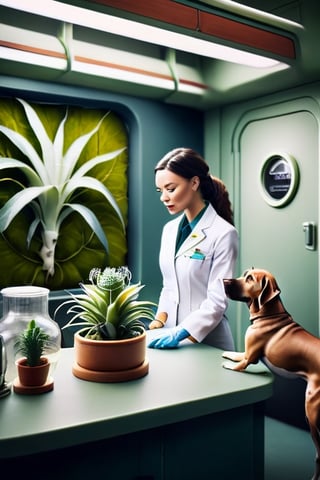 1 Dog scientist , cabin crew, airplant, photography, best quality, medium shot,BugCraft,brccl,stworki