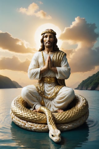 Gold Jesus is praying sit on anaconda snake, indian_style, people are praying, ocean, sky, background,styr
