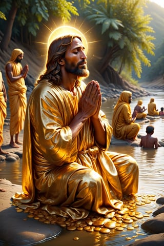 Golden Jesus is praying, poor family in india, people are pray, long river side,BucketGold