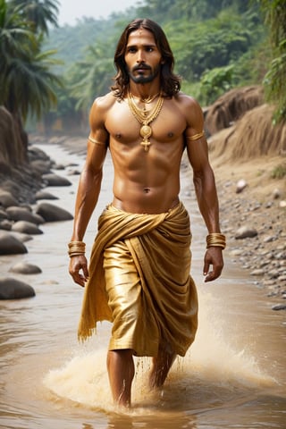 Jesus golden , river, poor indian family ,BucketGoldUnderTheRainbow,golden_jewelry, ,Hot Body