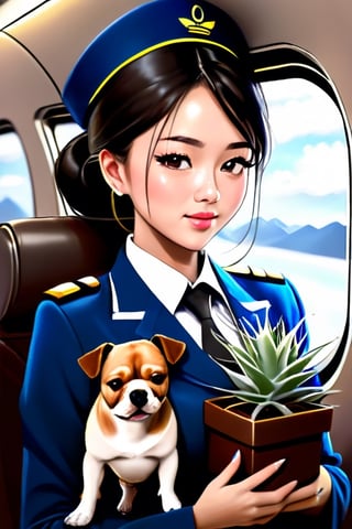 1 Dog , beautiful cabin crew 24 years old, Asain girl, crew, airplant, photography, best quality, medium shot,BugCraft,brccl,stworki
