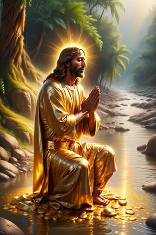 Golden Jesus is praying, poor family in india, people are pray, long river side,BucketGoldUnderTheRainbow